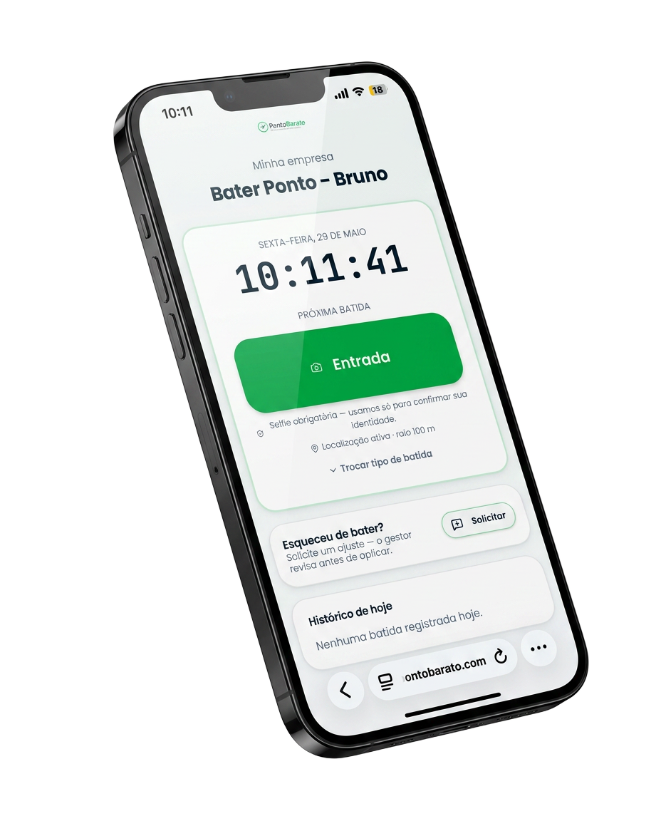 App PontoBarato no celular — tela de bater ponto com botão Entrada